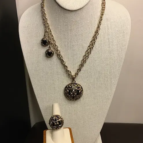 Onyx BARSE Bronze & Black Double Necklace Scroll Cage Pendant Earrings & Ring