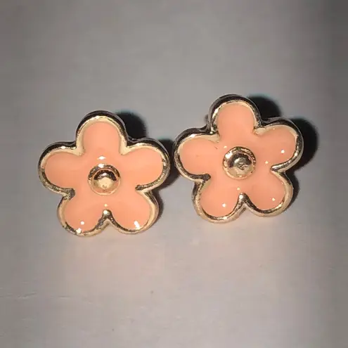 Gold Tone and Peach Pink Dainty Flower Stud Earrings