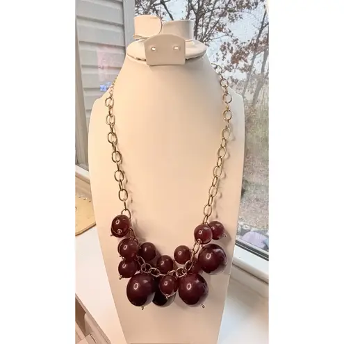 Chunky Maroon Beaded Bib Statement Necklace With Gold