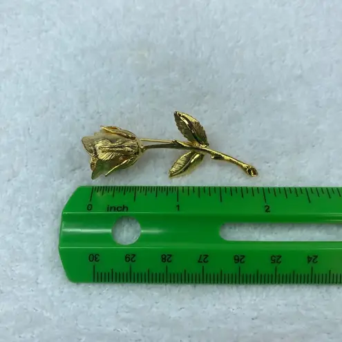 Gold Tone Long Stem Bud Rose Pin Brooch Leaves Stem Flower Vintage