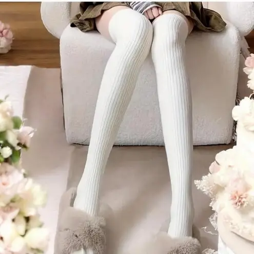 White Cozy Ribbed Thigh High Socks