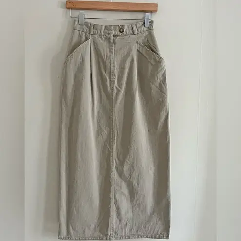 Vintage Ruff Hewn Khaki Cotton High Waist Midi Skirt USA 80s utilitarian XS