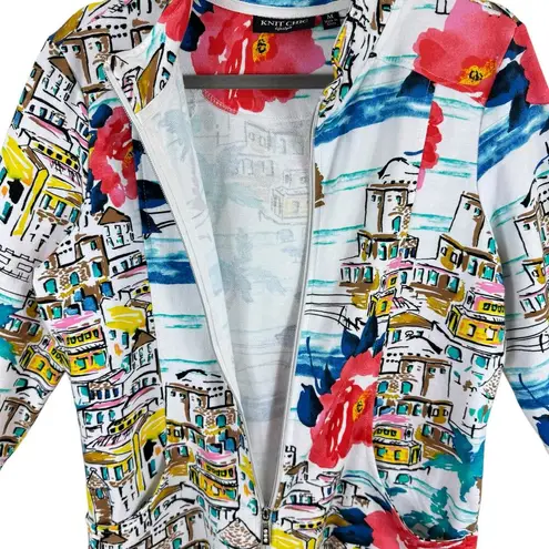 Knit Chic Colorful Beachy Floral Print Full Zip 3/4 Sleeve Jacket Pockets Size M White Size M