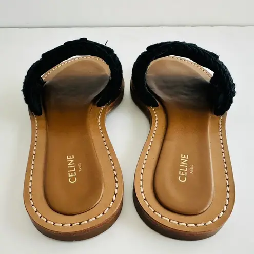 CELINE Lympia Mule Size 6 Triomphe Black Maccrame Cotton Calfskin Leather Sandal