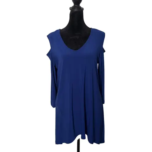 Clara Sun Woo Cold Shoulder Cut Out Tunic Womens M Blue Liquid Knit Slinky Size M