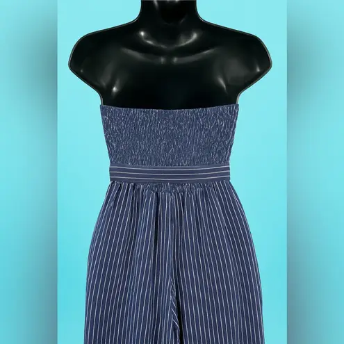 Indulge Navy Blue Strapless Striped Wide Leg Jumpsuit with Removable Belt