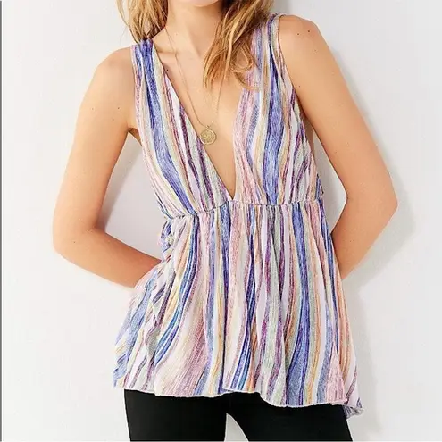 Urban Outfitters  Isla Plunge Babydoll Rainbow Stripe V Cut Tank Top Size Small