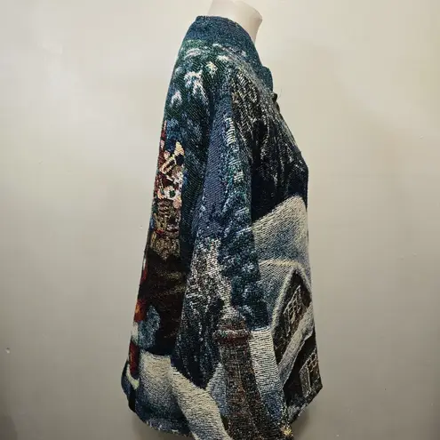 Vintage Sugar Street Weavers 90s Holiday Motif Woven Tapestry Jacket Size Large Blue