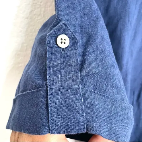 Untuckit Womens Dress Blue Button Front Belted Linen Short Sleeve Size 6