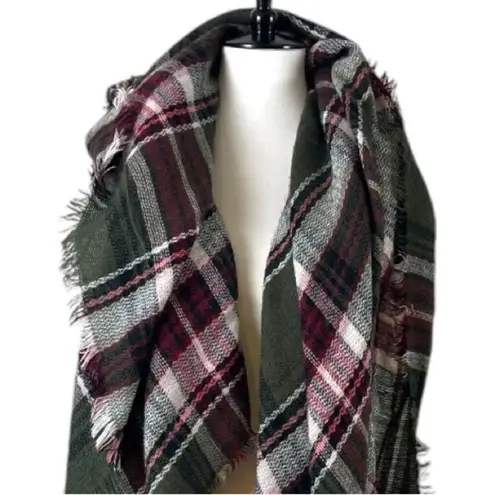 Blanket Scarf Wrap Shawl Square Fringe Olive Green Pink Multi Plaid Women’s
