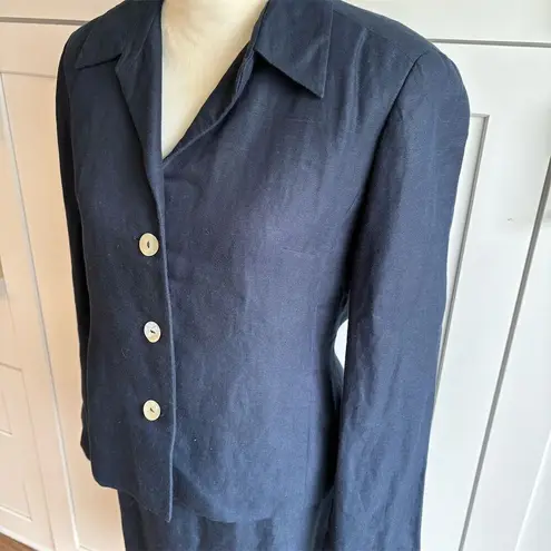 Vintage David N. Linen Blend Navy Blue Skirt Suit Set Size 4 Formal 2