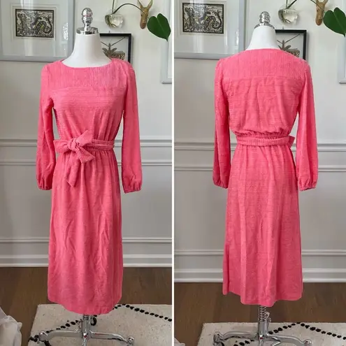 Vintage 70s Coral Terry Cloth Long Sleeve Dress Teena Paige XS S Orange