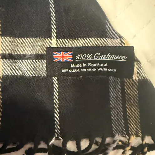 Scottish 100% Cashmere Plaid Scarf Black White Check Fringe