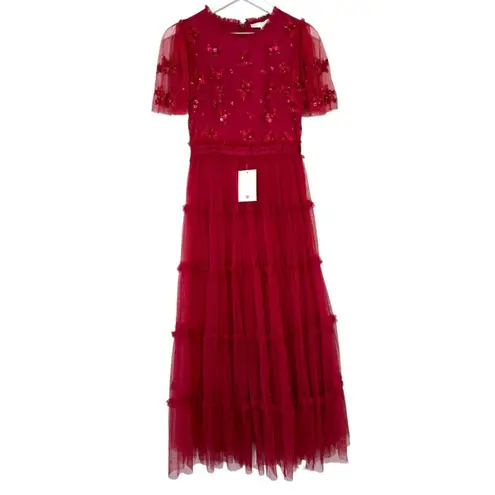 Ivy City Co. Embroidered Tulle Midi Red Floral Beaded Short Sleeve Size XS