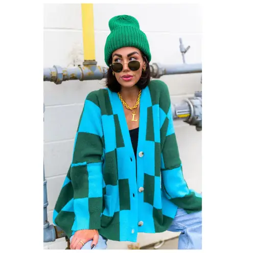 Dressed in Lala Love You Oversize Checkerboard Cardigan Size S/M Blue