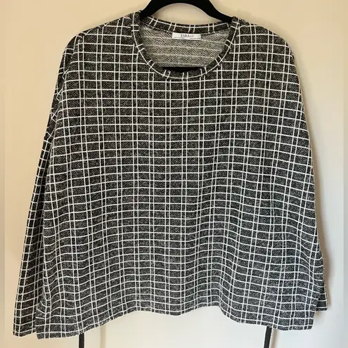 ZARA  Basic Plaid Tie Boxy Long Sleeve Black White Top Crew Neck sz M