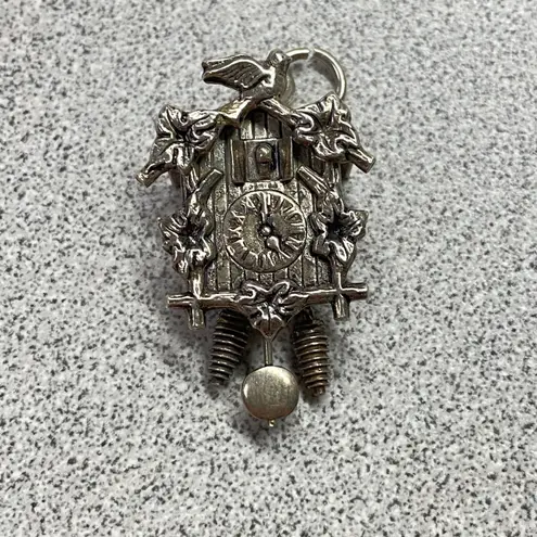 Vintage 800 Silver Cuckoo Clock Charm Pendant Bird Flowers Pendulum