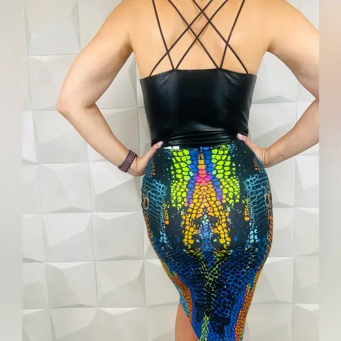 ALEXANDER MCQUEEN Rainbow Alligator Print Black Pencil Skirt Blue Size M