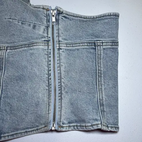 Meshki Denim Halter Dayna Top Light Blue Women’s Size XS Fitted Stretchy Blouse