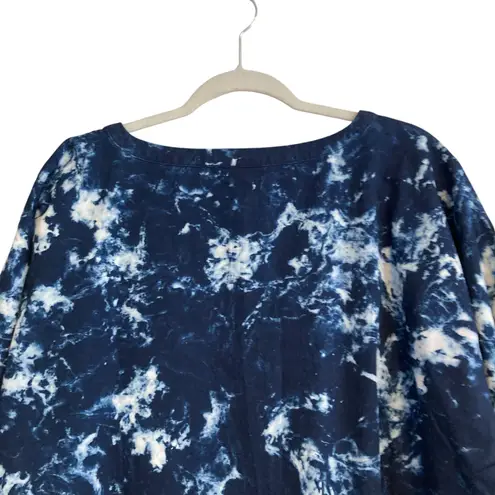 J.Jill Cotton Navy Blue White Tie Die Oversize Cropped Henley Top Size Small