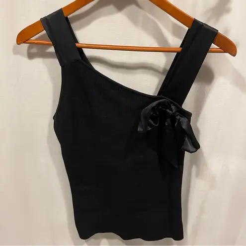 Y2K Lillie Rubin black ribbed silky trim bow asymmetrical sleeveless sweater top Size L