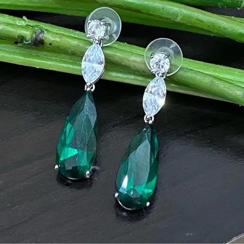 Signed Teardrop Lab Emerald Silvertone Drop Earrings