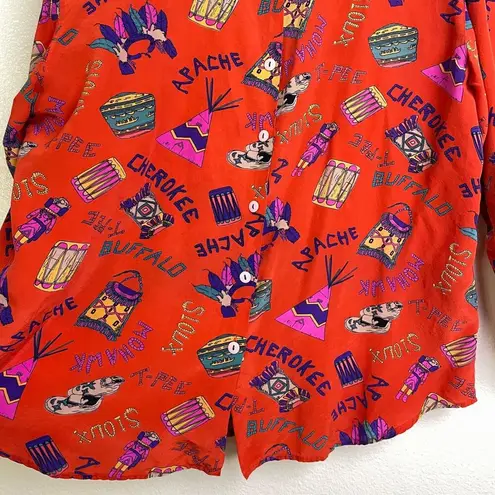 Womens Long Sleeve Silk Shirt Large Red Button Up Tribes Native American Sioux