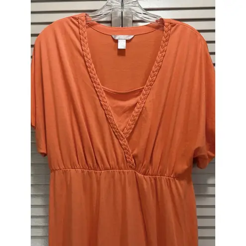 White Stag  Orange Midi Dress Size M Short Sleeve V Braided Neck‎ Elastic Waist