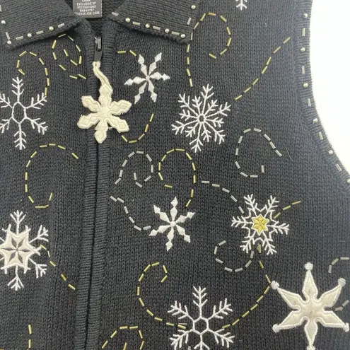 Vtg Size PM Petite Sweater Vest Snowflakes Full Zip Up Black Christmas Woman's