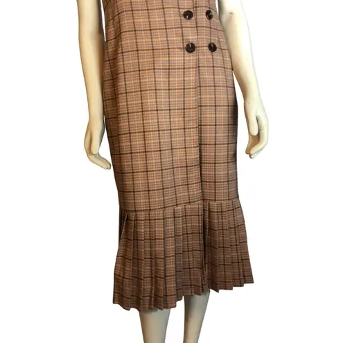 Vintage Min Woo Style Plaid Jumper Wrap Dress Brown Check Midi Pleated Medium