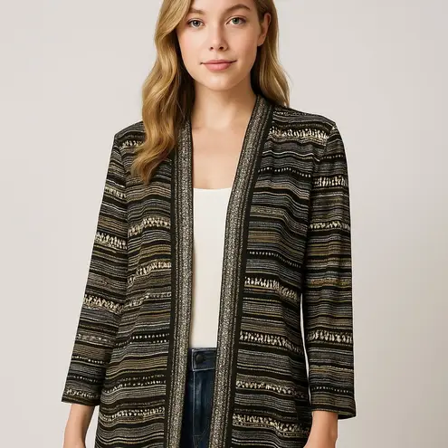 Misook Cardigan Duster Size Large Black Stripes Open Front Shimmer Work Dressy