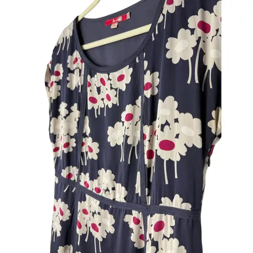 Boden Notting Hill Silk Dress Floral Print Navy Cream Magenta Size 8 Long Retro Blue