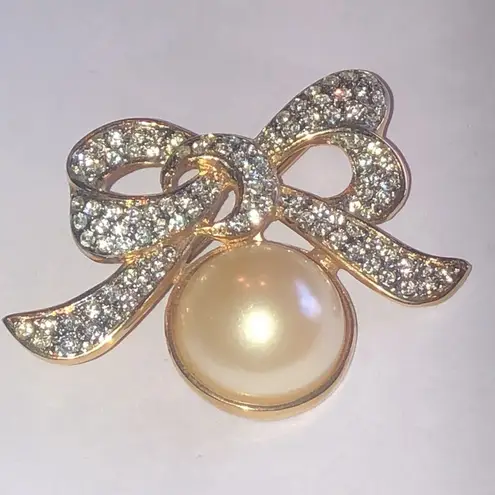 Angel Brand Elegant Gold Tone CZ Rhinestone Faux Pearl Retro Bow Brooch