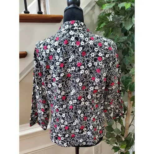 kim rogers  Women's Black Floral Linen Collared Long Sleeve Button Down Shirt 12