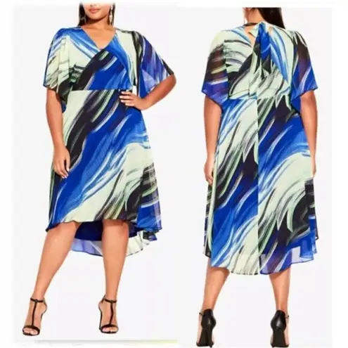 City Chic NWT Irene Dress in Citrus Wave Print Blue Green Large 20