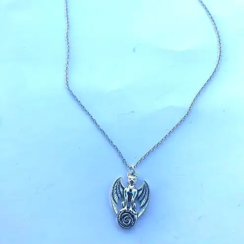 Handmade Antique Vintage Gothic Silver Necklace - Bat necklace - Cat demon with wings