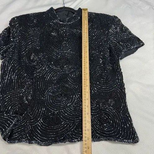 Papell Boutique Evening Black Fully Beaded Design Silk Short Sleeve Formal Dress