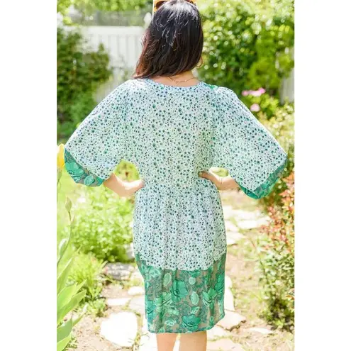 JODIFL US Women's Size S Green Ditsy Floral Print Boho Mini Dress 3/4 Sleeves