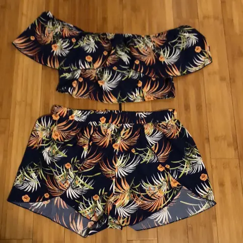 SheIn  VCAY Plus Tropical Print Off Shoulder Overlay Crop Top & Shorts 0XL