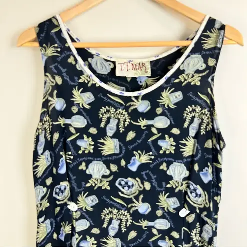 TT Mar Vintage Midi Dress Whimsical Botanical Print Rayon 90s Grunge Grannycore Black Size M