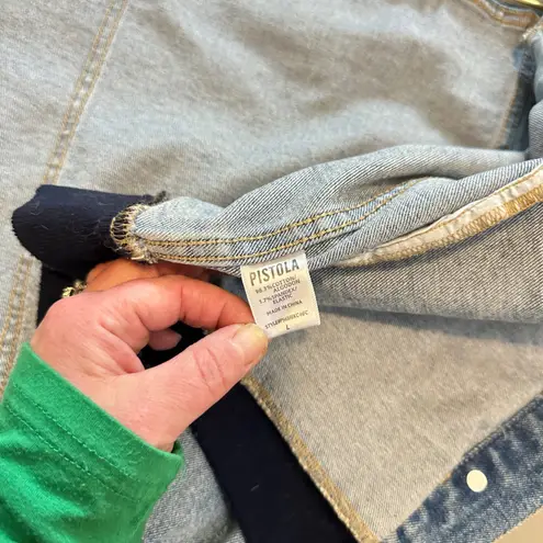 Pistola Denim Trucker Jacket Distressed Light Wash Varsity Cuffs Size L