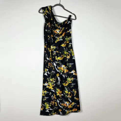 Ieena For Mac Duggal Black Floral Print Draped One Shoulder Midi Cocktail Dress