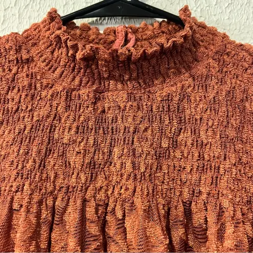 Deletta Anthropologie Rust Amana Burnout Sheer Smocked Mock Neck Top size small