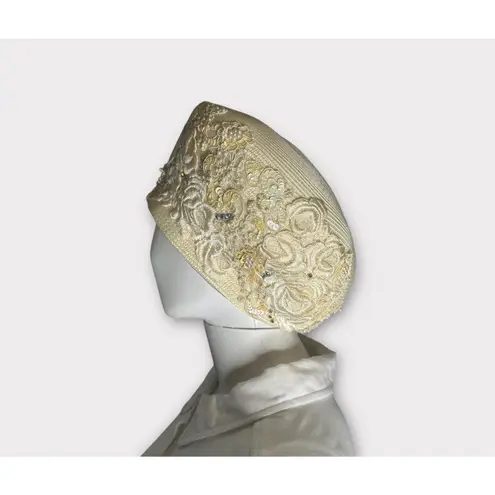 Vintage Ms. Divine Rhinestones Cloche Pillbox Hat Appliqué Embroidery Accent White