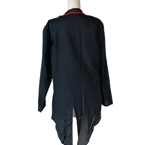 NWOT Asymptomatic Lightweight Shoulder Pad Tunic Top / Jacket Satin Floral Trim Black Size XL