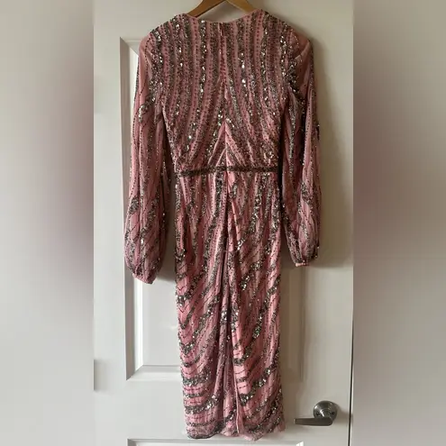 Mac Duggal Pink Embellished Long Sleeve Midi Dress