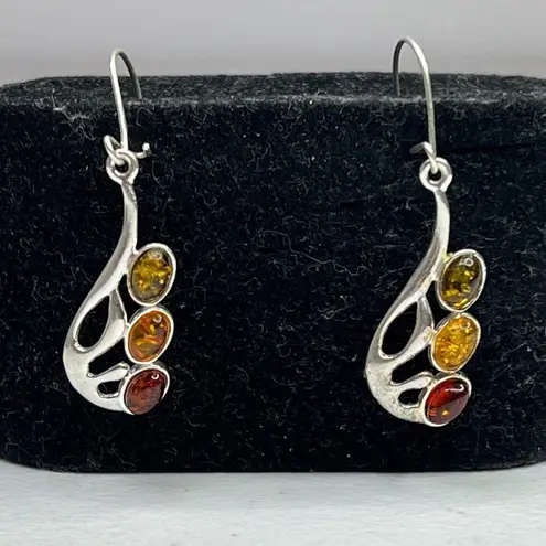Amber Sterling Silver 925 Drop Earrings Jewelry With Multicolor Oval Cabochons