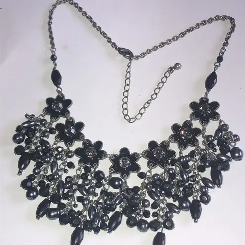 Gunmetal Gray Dark Black Metal Floral Beaded Boho Statement Necklace