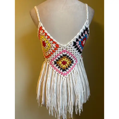 Boho Crochet Fringe Tank Top Bohemian Festival Beach Y2K fairy whimsi colorful White
