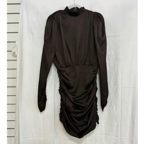 Rare London NWT Long Sleeve High Neck Ruched Satin Mini Dress Brown Women's US 6